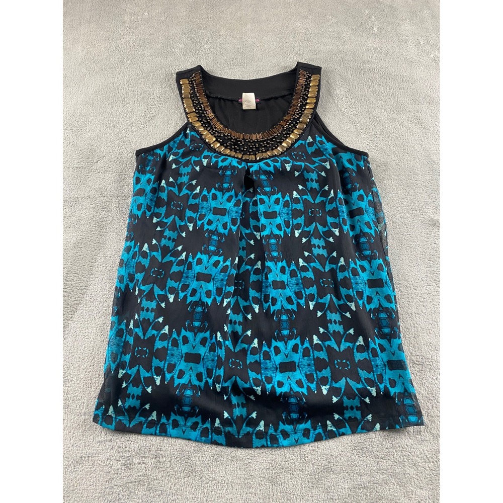 Cocomo Womens Teal Black Geometric Beaded Neck Tank Top Sleeveless Small 3YY196N